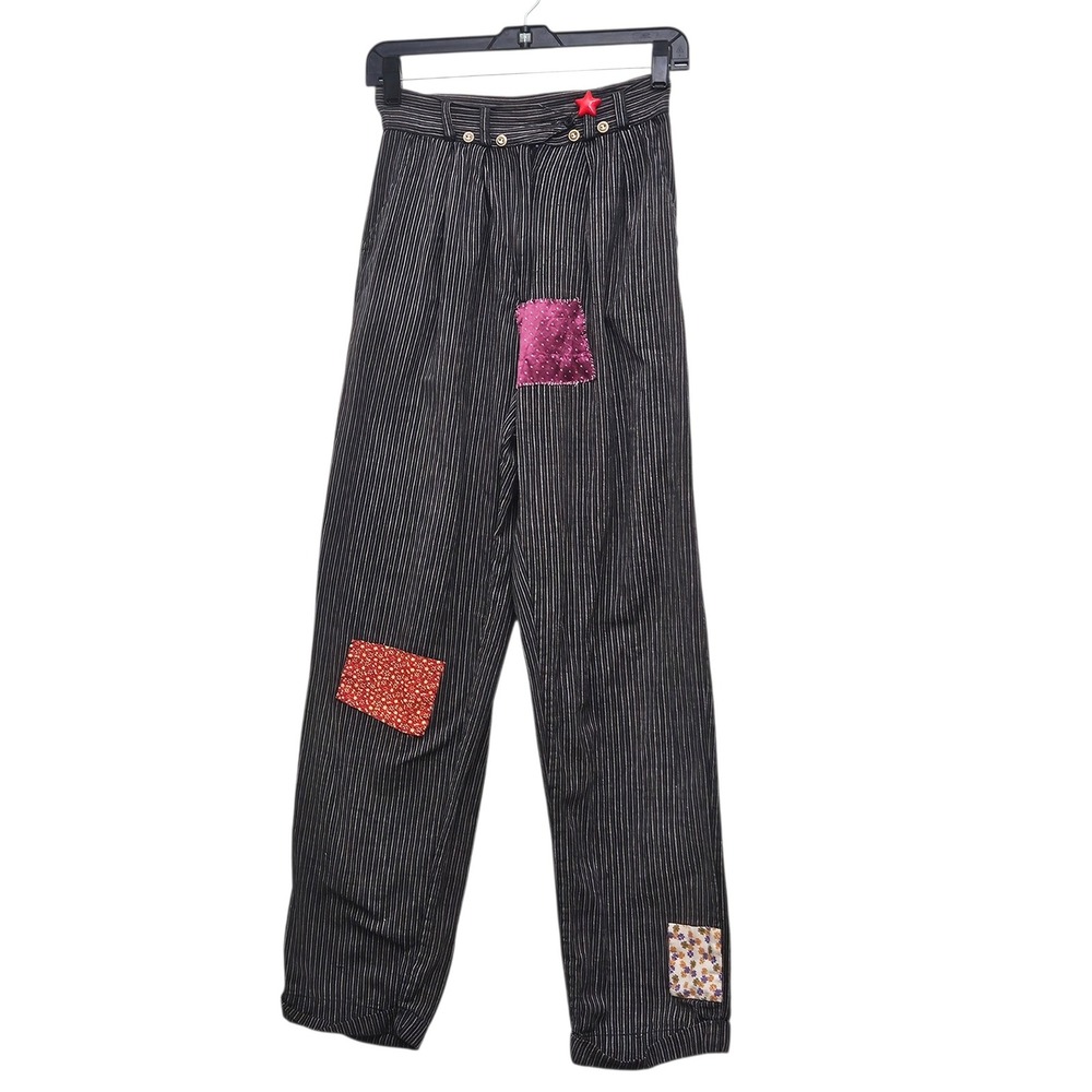 Vintage Terra‎ International Patchwork Pants S Black Pinstripe Art Boho Eclectic